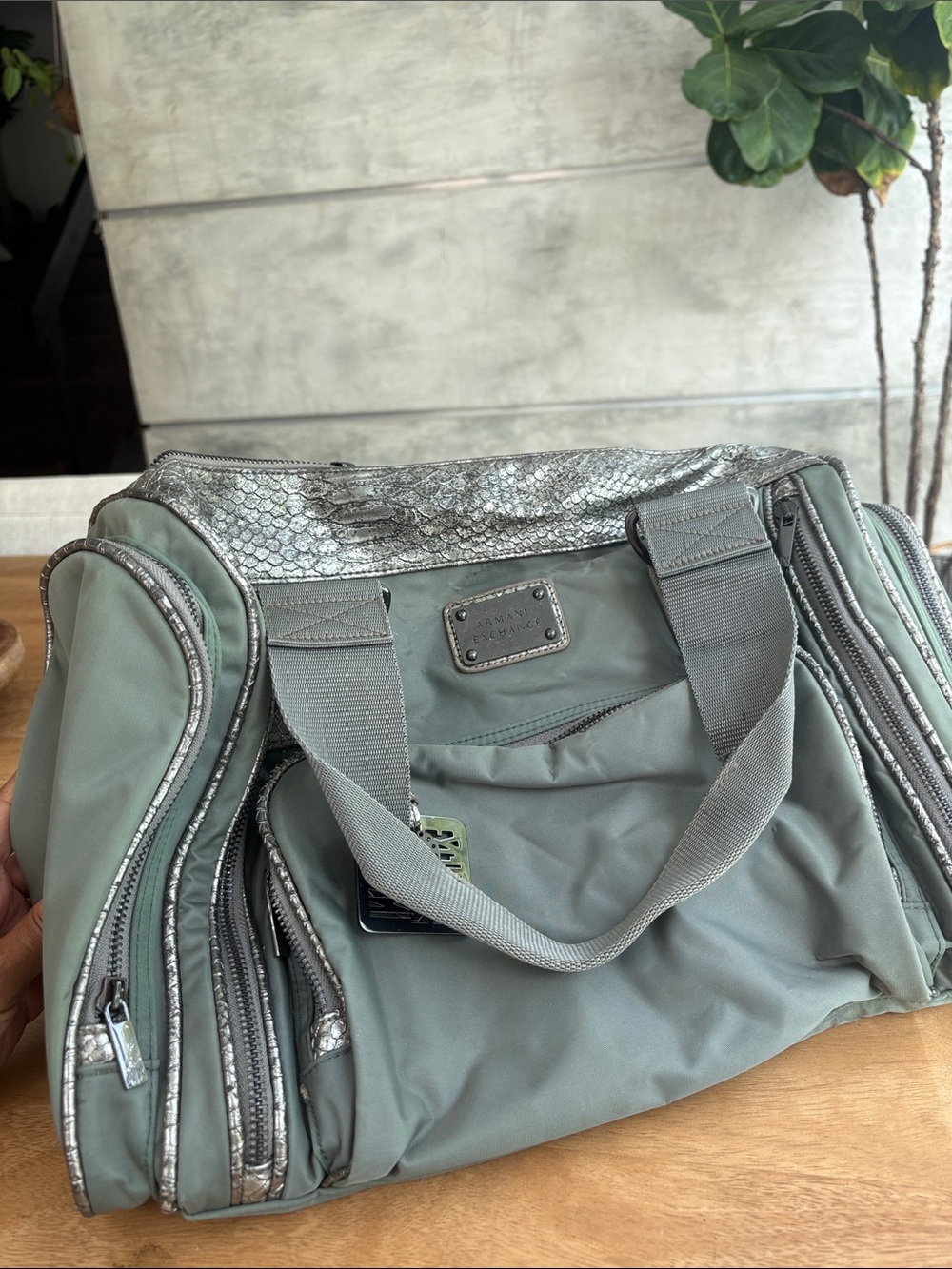 Armani Exchange Travel Bag Sage Green Nylon with Silver Metallic Trim